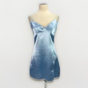 Micas NWT Satin Slip Mini Dress Sz L Baby Blue Slit Party Y2K Feminine Delicate‎